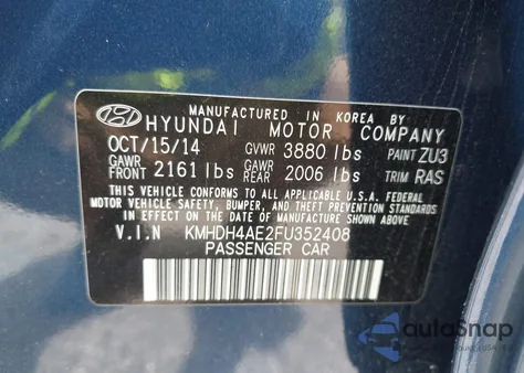 2015 Hyundai Elantra Se from USA, damaged, VIN KMHDH4AE2FU352408